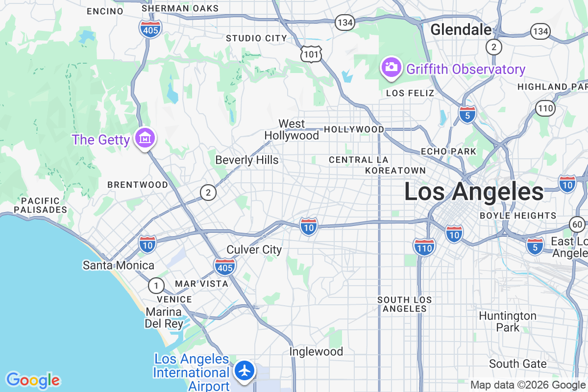 Map of Los Angeles, from Santa Monica and Venice east through Hollywood to Downtown