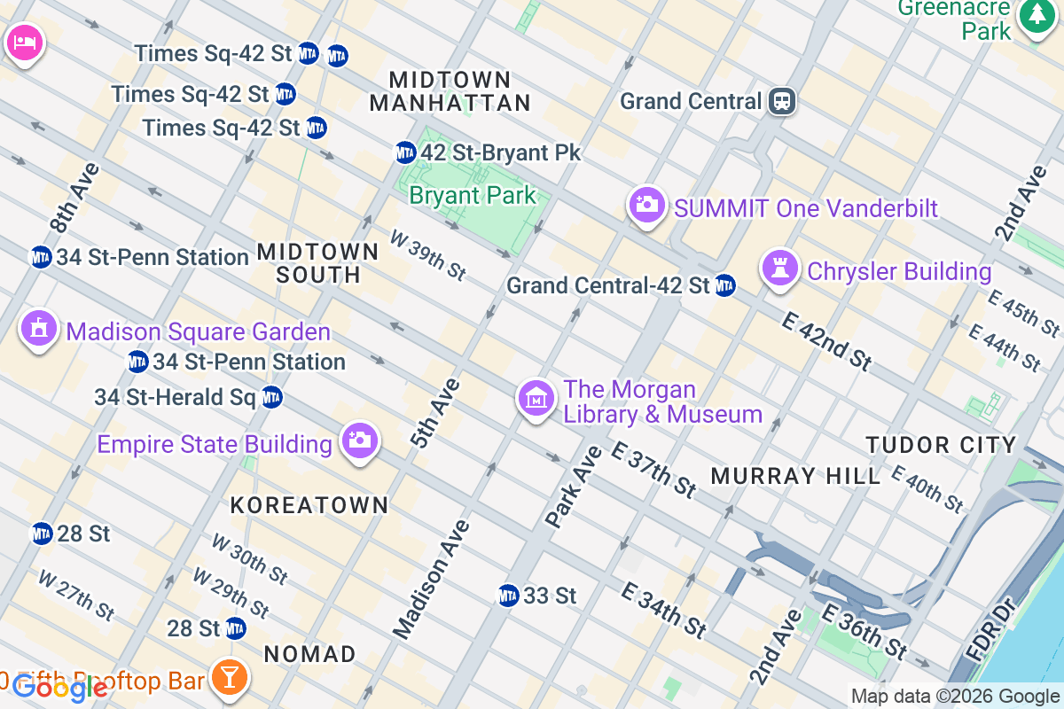 Map of Midtown Manhattan: Day 1's route from a hotel by Bryant Park to Grand Central Terminal and the Empire State Building