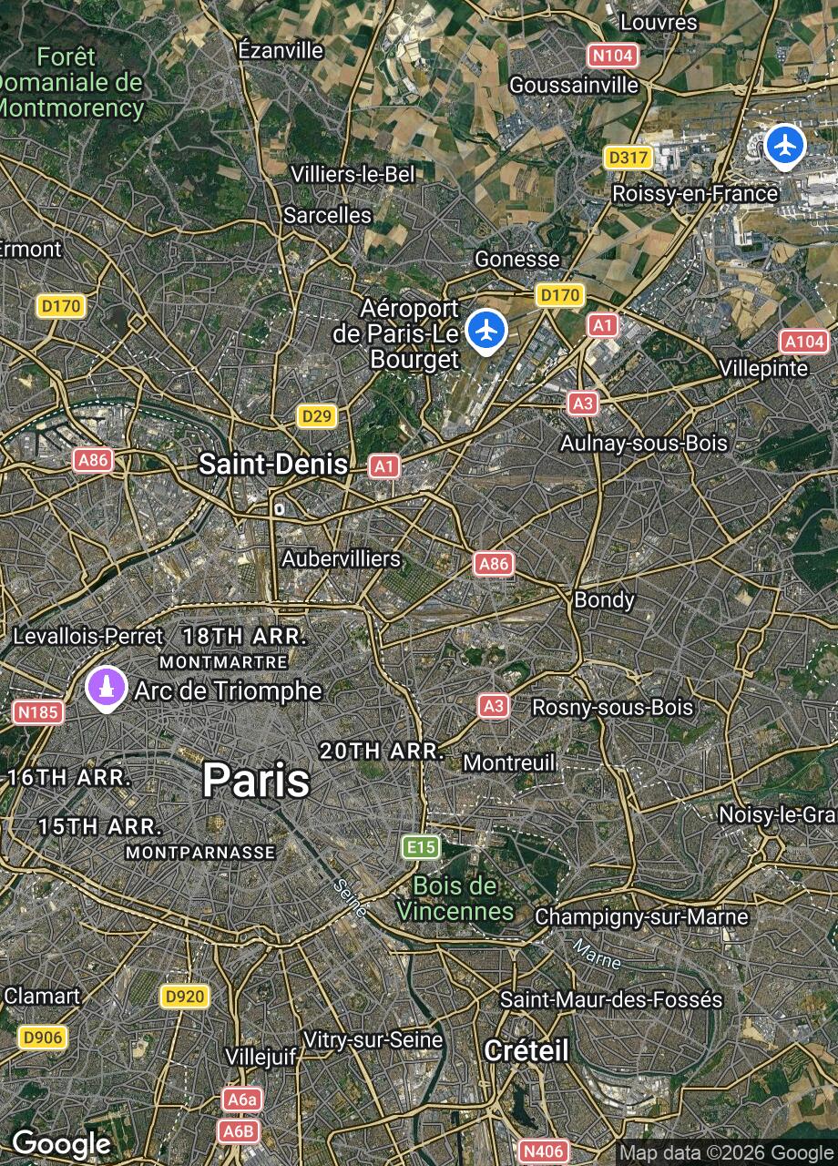 Satellite map of Paris and its airport, from Charles de Gaulle south west across the ring road into the city