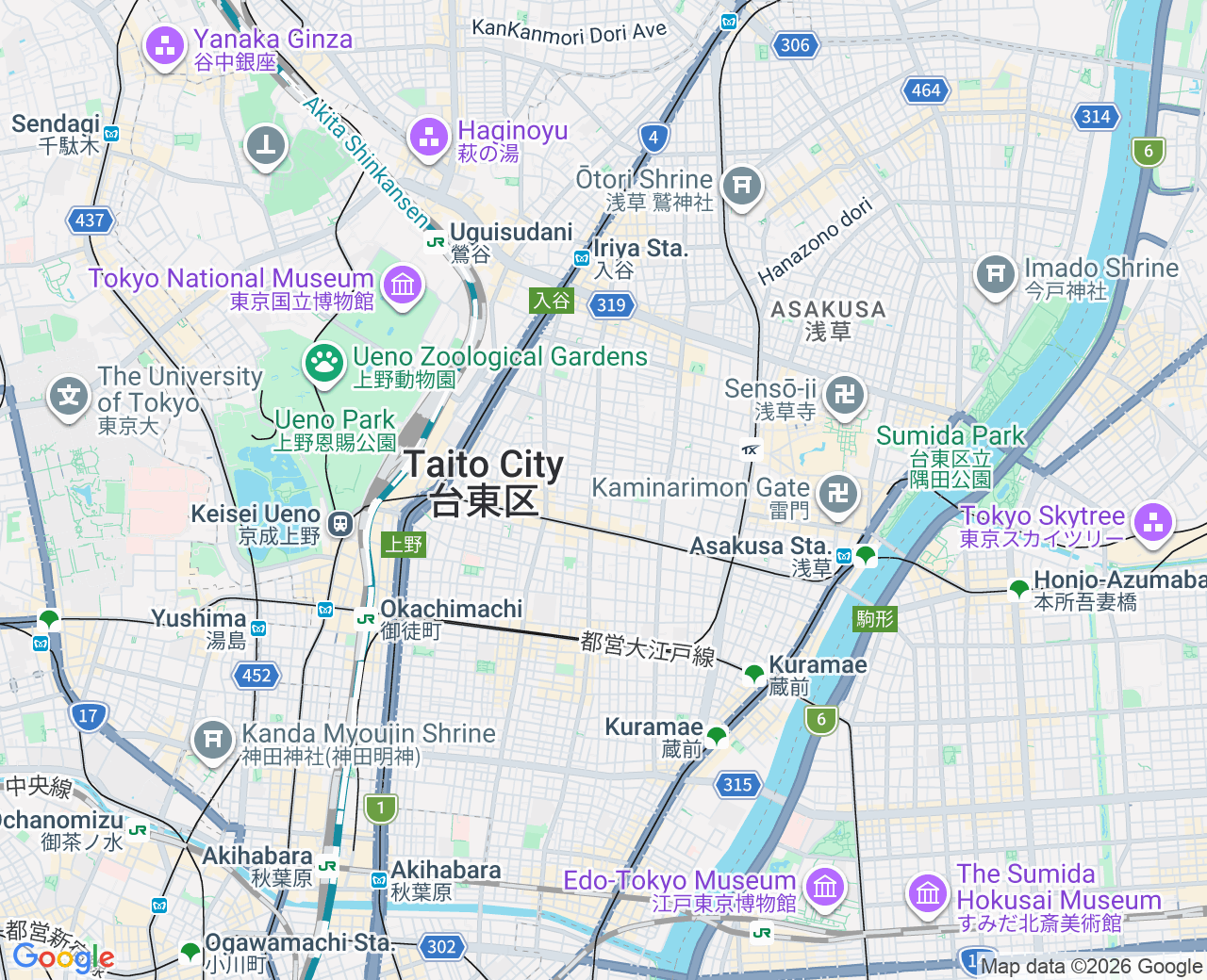 Map of east Tokyo with the day walked in the order it was typed, crossing back over itself between Asakusa, Ueno and Akihabara